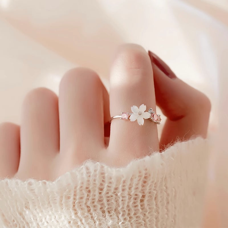 925 sterling silver shell cherry blossom ring Mori small fresh micro-set zircon opening adjustable ring sweet tail ring