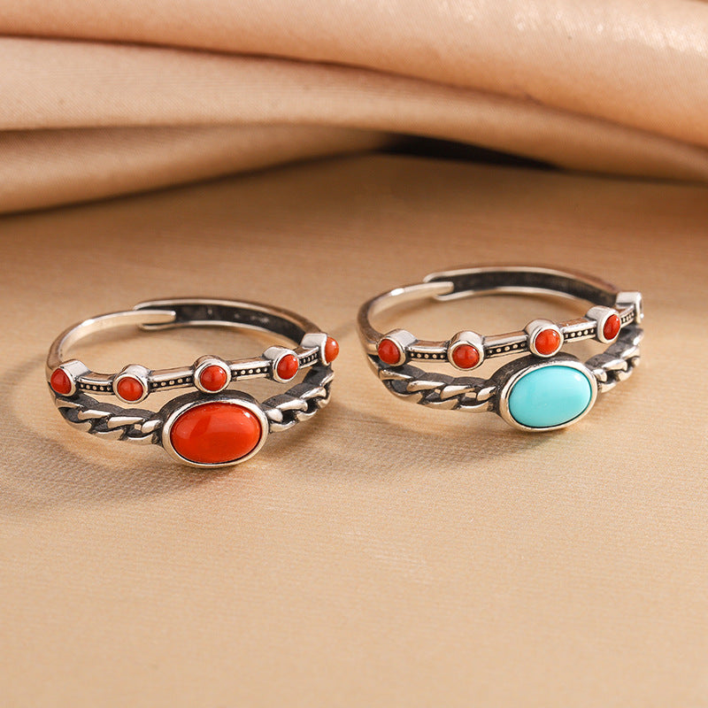 S925 Silver Double-Layer Agate & Turquoise Ring – New Chinese Luxury Style