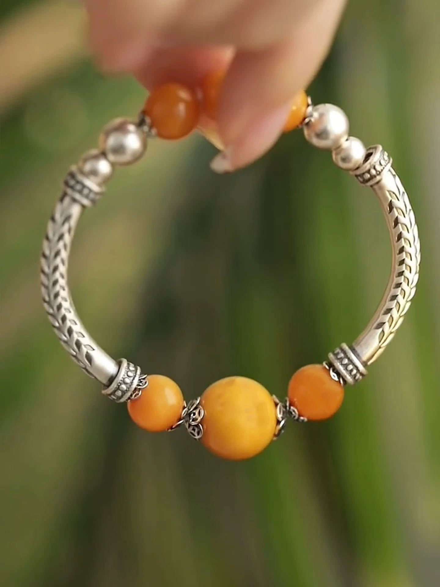 925 Silver Vintage New Chinese Style Amber Bead Wheat Ear Bent Tube Bracelet Women's Ethnic Style Niche Design Versatile Bracelet