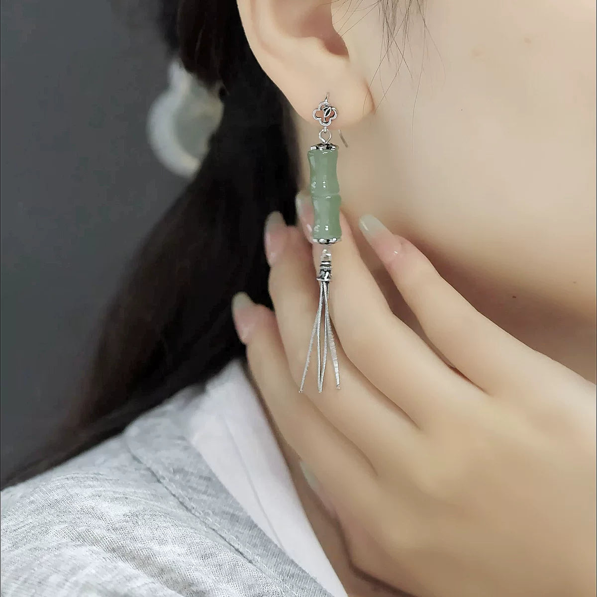 925 silver retro new Chinese bamboo joints high rise asymmetrical earrings and Tian Qingyu female niche design high-end sense