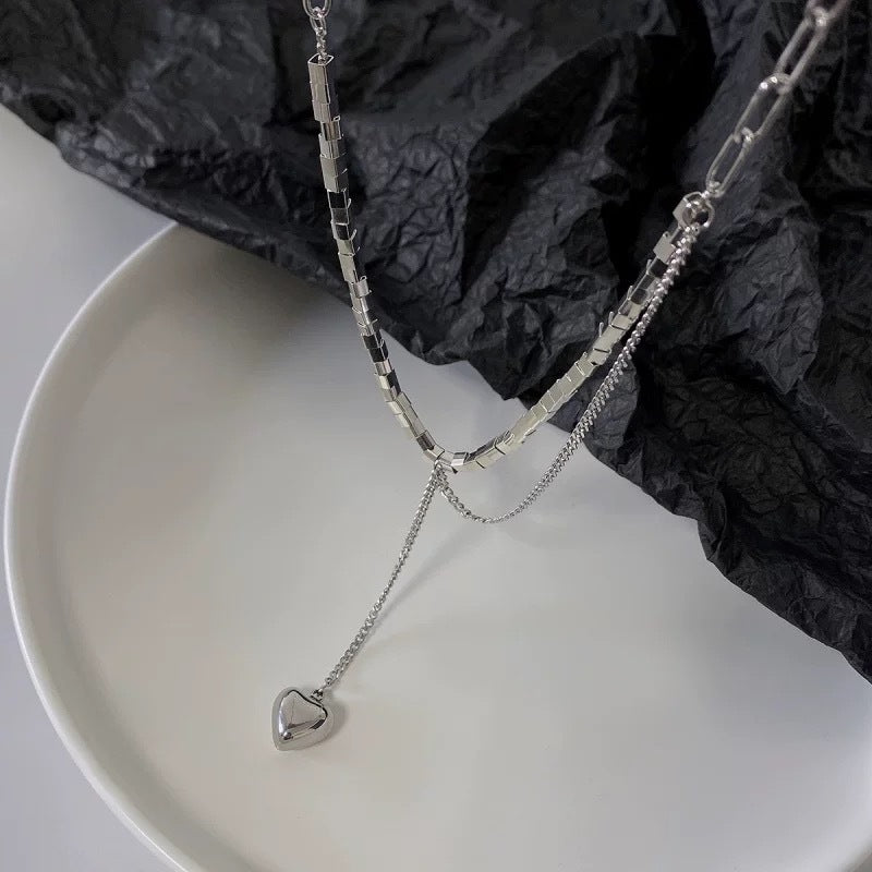 S925 sterling silver 3D square heart necklace for women, hip-hop cool style, versatile, niche design sweater chain