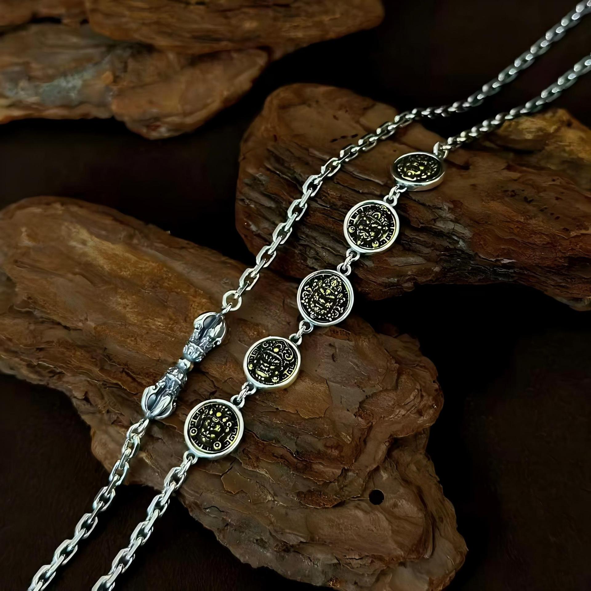 S925 pure silver Tibetan vintage Chinese style five-way God of Wealth pendant universal chain versatile necklace men's and women's sweater chains