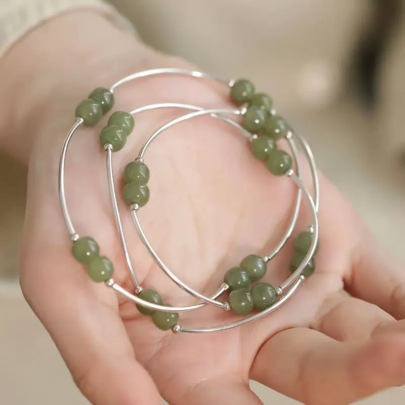 925 Silver Vintage New Chinese Style Hetian Jade Bent Tube Multi-Ring Elastic Bracelet Niche Ethnic Style High-End Look