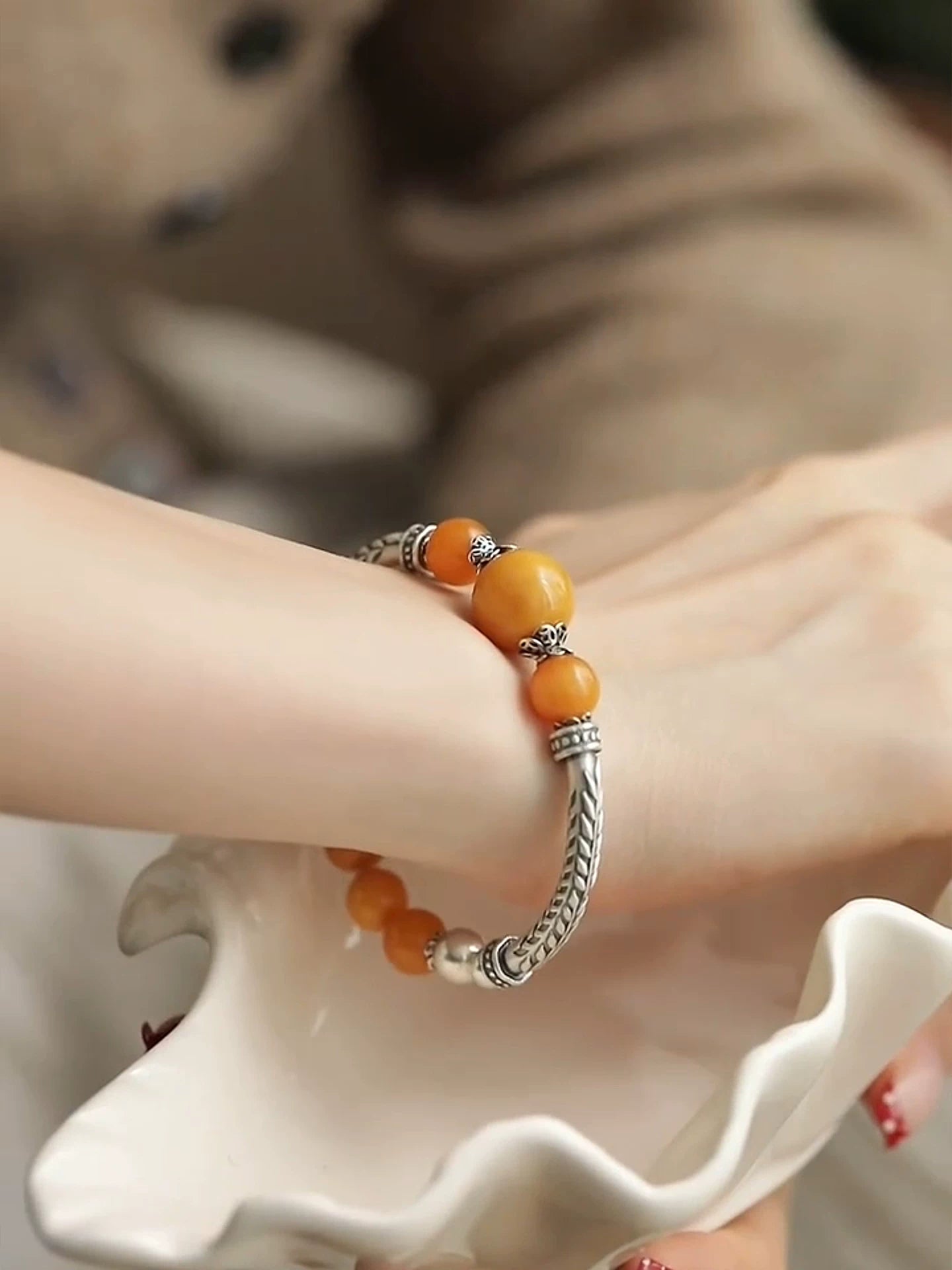 925 Silver Vintage New Chinese Style Amber Bead Wheat Ear Bent Tube Bracelet Women's Ethnic Style Niche Design Versatile Bracelet
