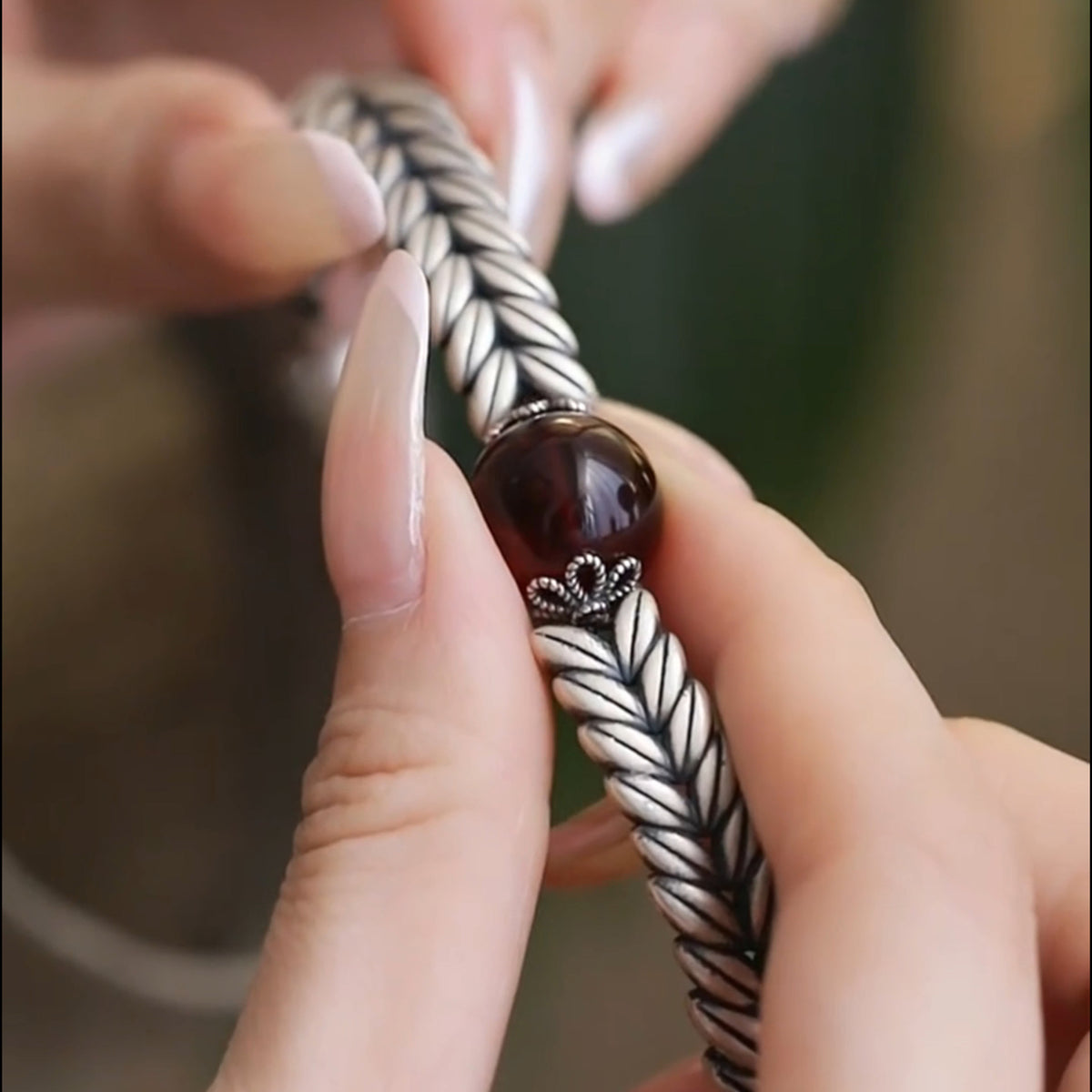 925 Silver Vintage New Chinese Wheat Ear Lucky Bag Blood Amber Bracelet Wealth Attracting Blessings Ethnic Style Bracelet Ring, Niche Women