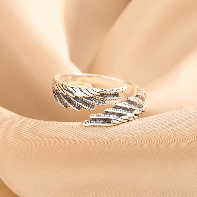 S925 Silver Korean Retro Angel Wing Ring, Simple and Niche Design, Versatile Wing Feather Index Finger Ring