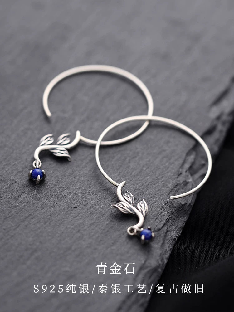 Ancient clumsy S925 sterling silver earrings [leaf dye] literary retro leaf women's niche design sense earrings national style temperament