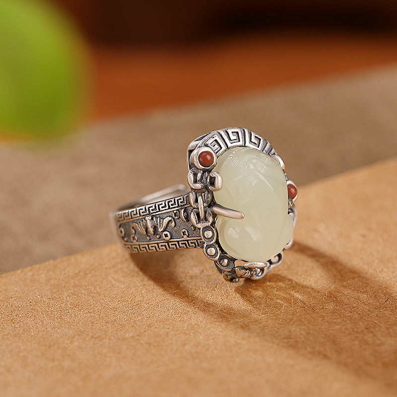 Yilu Silver S925 pure silver Hetian jade Pixiu ring, creative gift, vintage Chinese style design, niche silver ring