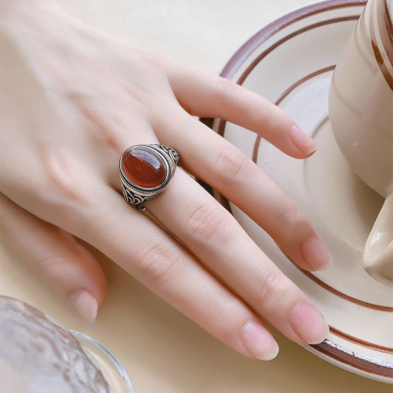 S925 Sterling Silver Agate Ghost Ring – Vintage Natural Gemstone Design