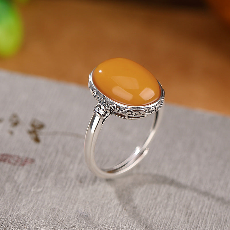 Yilu silver S925 sterling silver beeswax pattern cabochon ring retro distressed ethnic style accessories personality niche ring