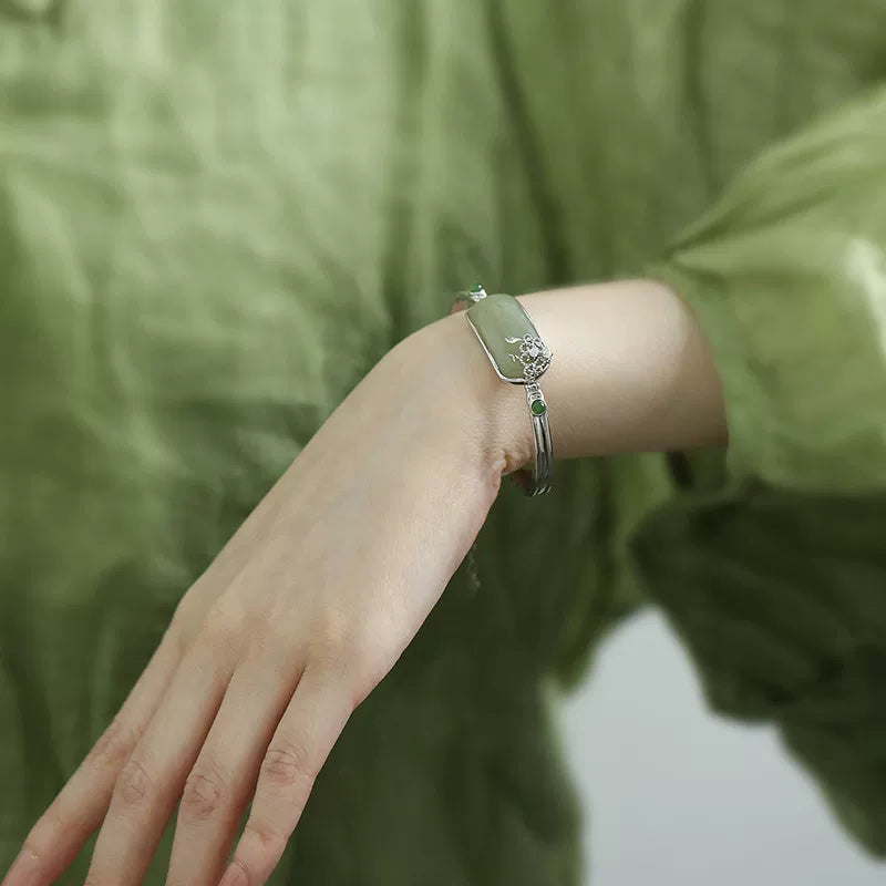 925 Pure Silver Hetian Jade Jade Wushi Brand Bracelet for Women, National Style, New Chinese Style, Exquisite Niche Design, Solid Bracelet