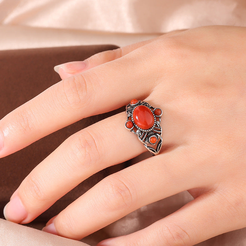 S925 Silver Turquoise & Red Agate Ring – Vintage Ethnic Open Design