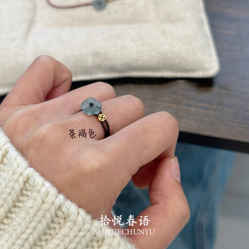 New Chinese style rich flower imitation jade flower ring female exquisite natal year red rope weaving index finger ring simple and versatile national style