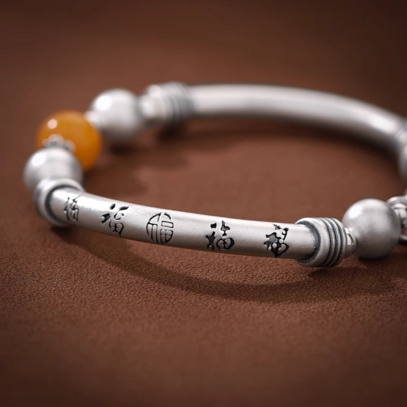 Niche Design S925 Pure Silver Peace Buddha Hand Bracelet Women's New Chinese Vintage Jewelry Elastic Bent Tube Bracelet