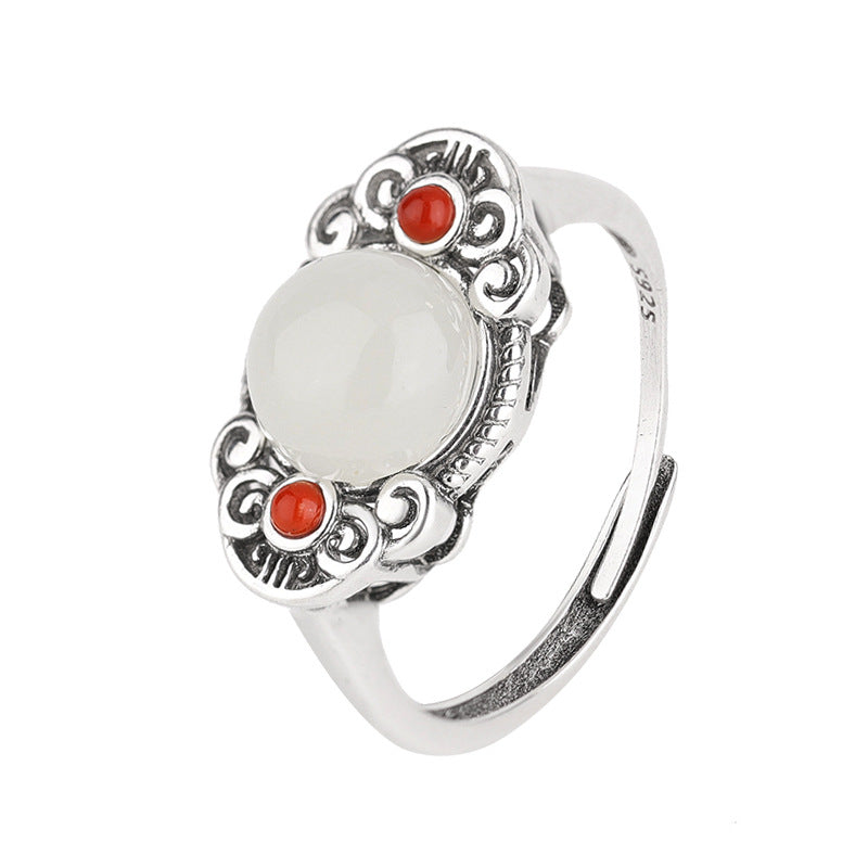 Yinyun S925 silver-inlaid natural Hetian jade, jade, southern red agate, ruyi round new Chinese-style ring