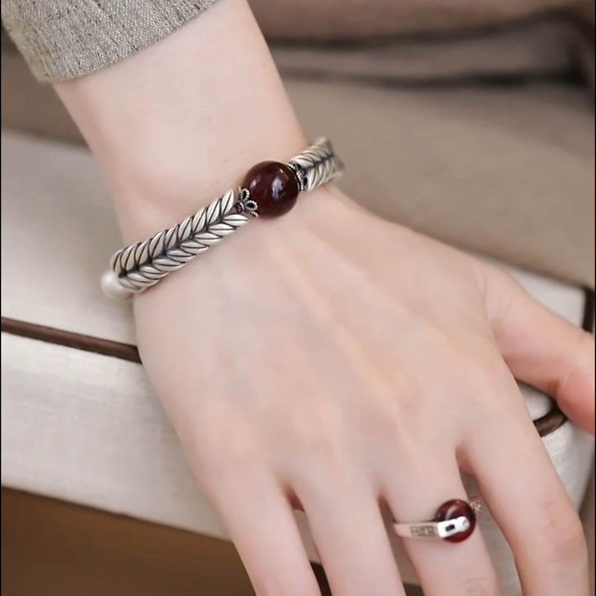925 Silver Vintage New Chinese Wheat Ear Lucky Bag Blood Amber Bracelet Wealth Attracting Blessings Ethnic Style Bracelet Ring, Niche Women