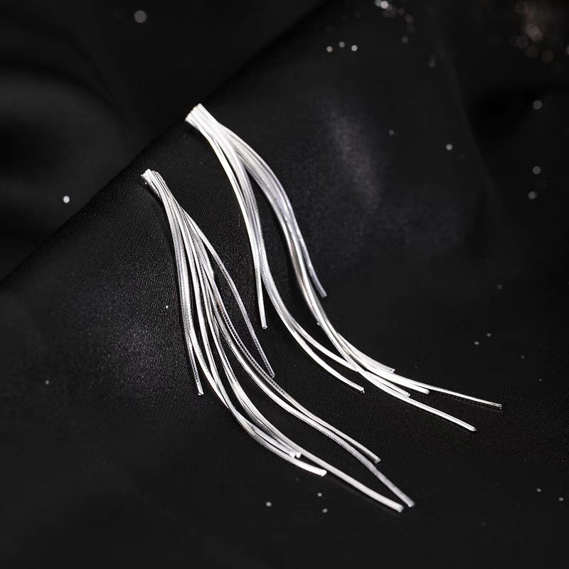 Fangxing S925 sterling silver new trendy line earrings, niche design with tassel studs, women's light luxury high-end earrings
