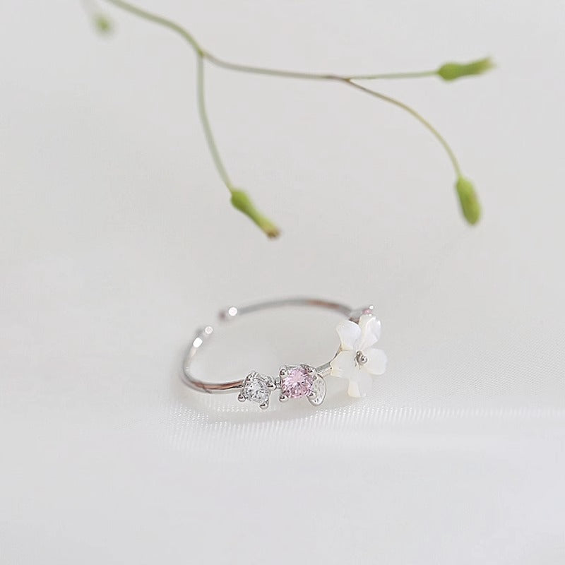 925 sterling silver shell cherry blossom ring Mori small fresh micro-set zircon opening adjustable ring sweet tail ring