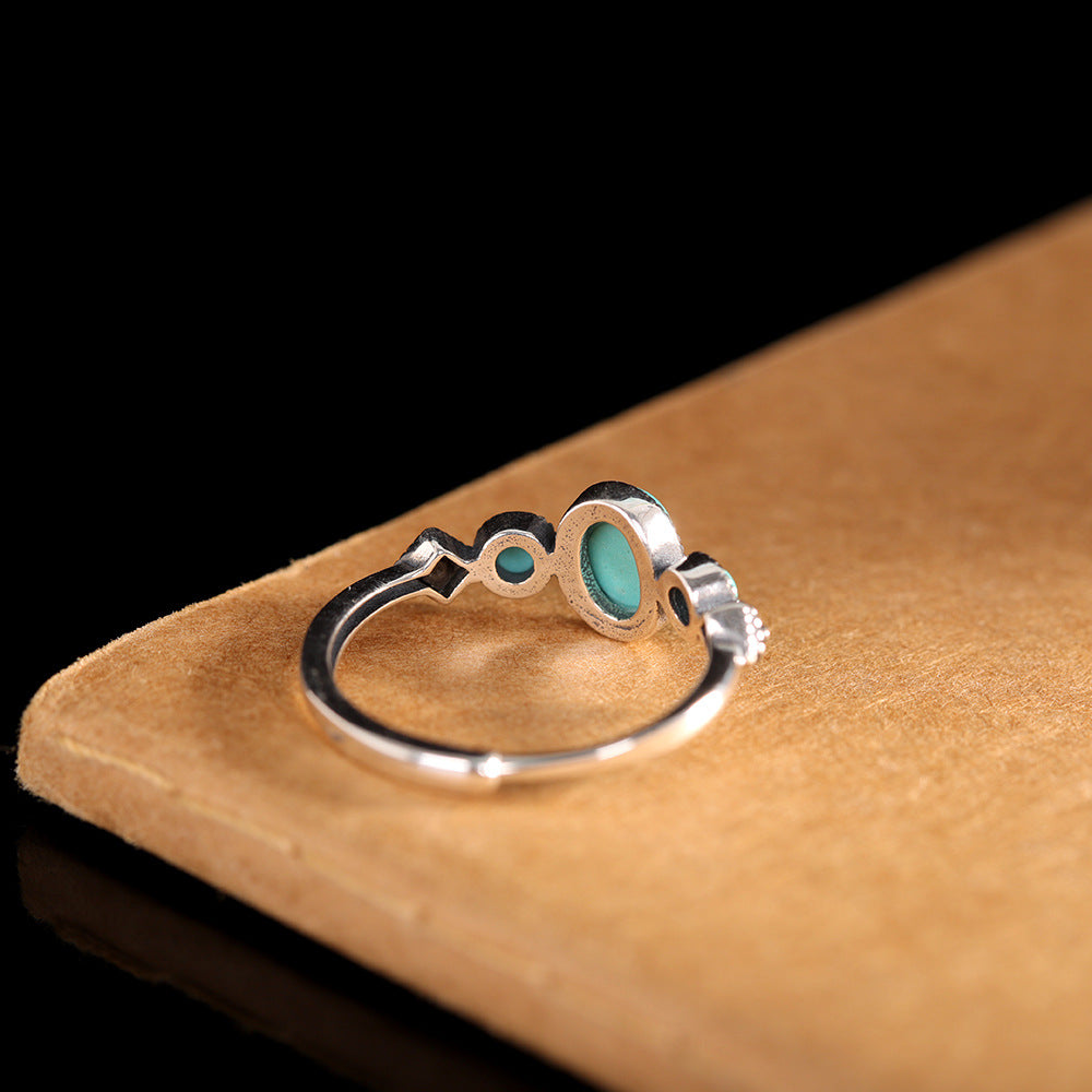 Repin Silver S925 Pure Silver Inlaid Cabochon Turquoise Ring Unique Women's Versatile Open Ring