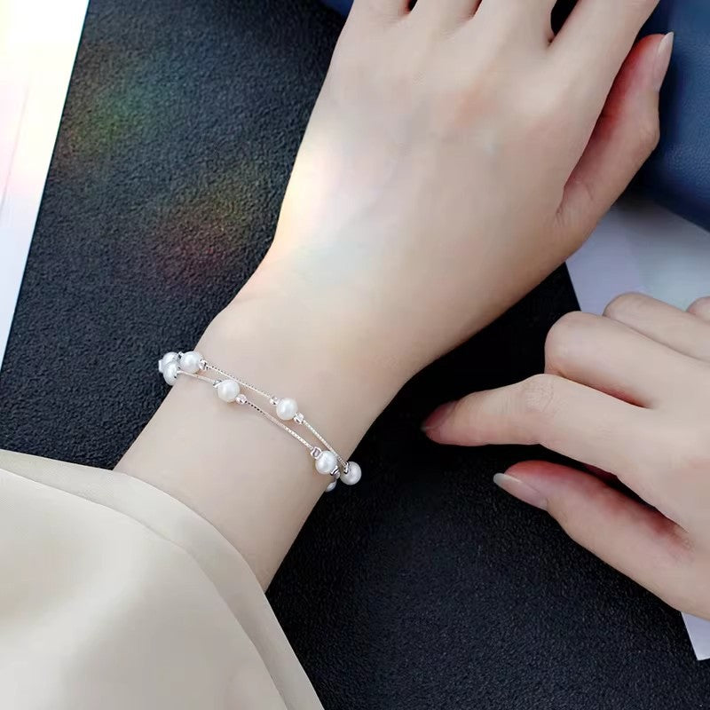 925 pure silver natural pearl double-layer bracelet for women, Korean versatile INS premium stackable bracelet round bead bracelet