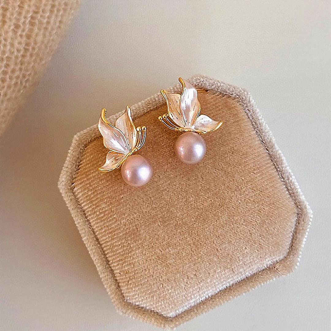 S925 silver needle natural freshwater pearl stud earrings temperament niche light luxury high-end drop glaze butterfly earrings women's new model