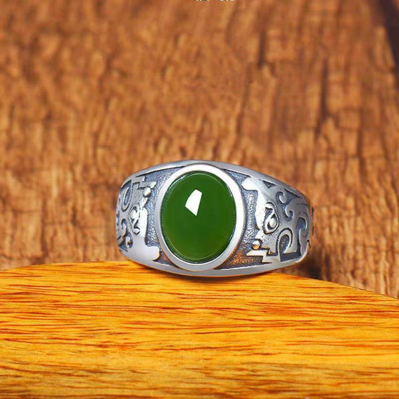 Natural Hetian jasper jade men's S925 silver ring retro emerald ring men's live mouth jade color finger