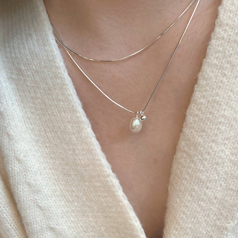 S925 sterling silver simple double stacked pearl necklace women's ins cold style fashion personality clavicle chain sense of luxury