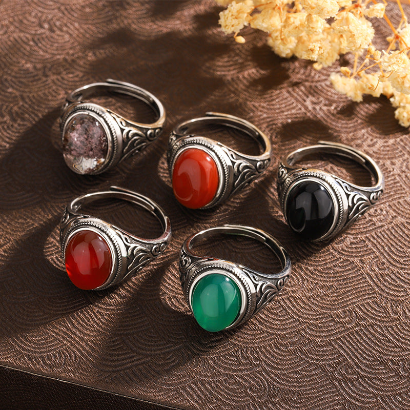 S925 Sterling Silver Agate Ghost Ring – Vintage Natural Gemstone Design