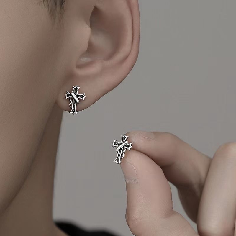 925 Silver Stud Earrings Men's Trendy Earrings Boys' Design Sense Niche Cross Trend Personality Single Cool Men's Earrings
