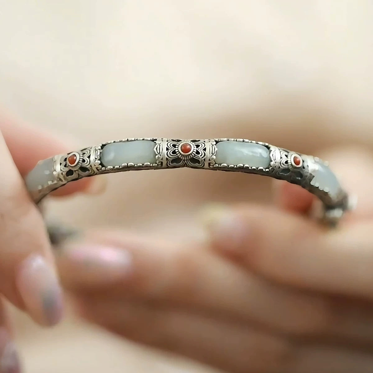 925 silver new Chinese style Hetian Yu Nanhong no matter brand bracelet opening female complex classical ethnic style filigree hollow