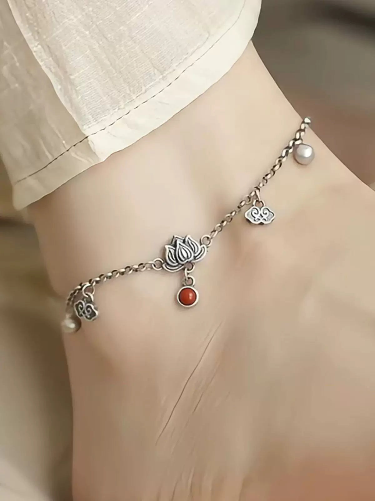 Vintage 925 Silver Step Lotus Anklet for Women, New Chinese Style Niche Design Lotus Bell Versatile Anklet