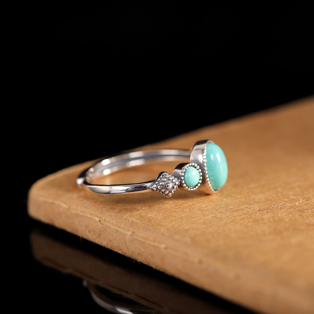 Repin Silver S925 Pure Silver Inlaid Cabochon Turquoise Ring Unique Women's Versatile Open Ring