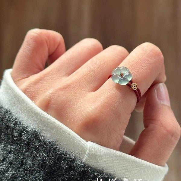 New Chinese style rich flower imitation jade flower ring female exquisite natal year red rope weaving index finger ring simple and versatile national style
