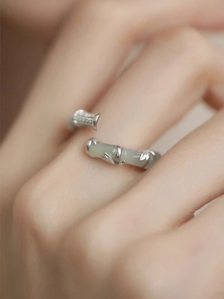 925 Silver Hetian Jade Bamboo Ring for Women – Elegant New Chinese Style