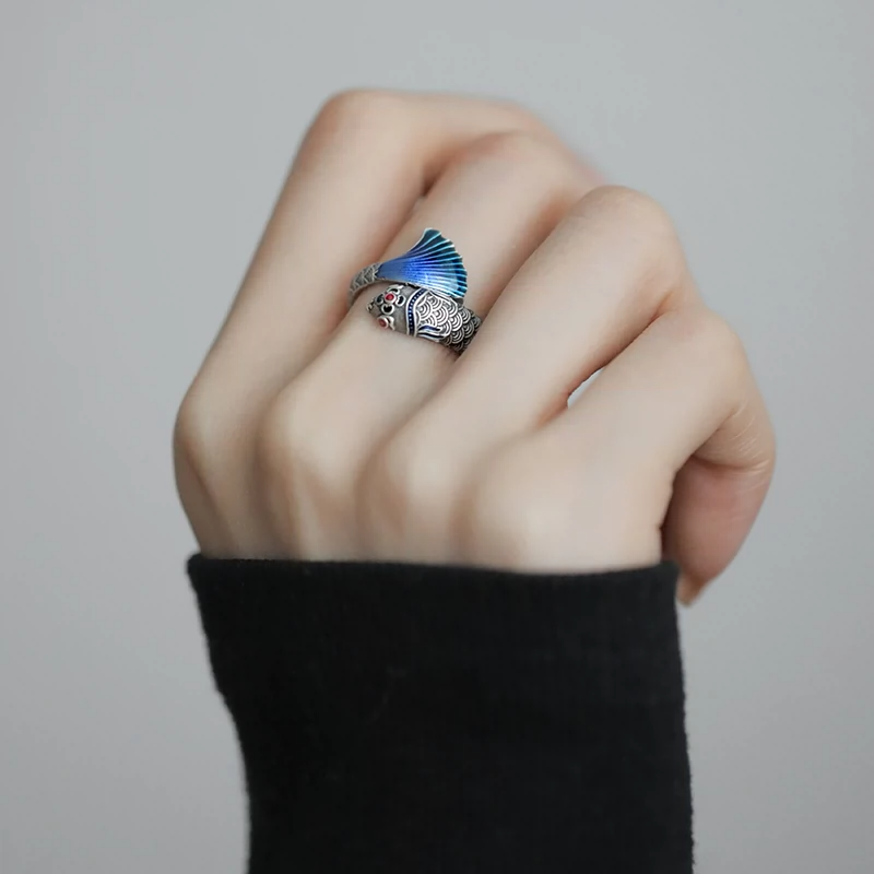925 Silver Vintage New Chinese Big Fish & Begonia Good Luck Koi Ring Opening Adjusts Ethnic Style for a High-End Look