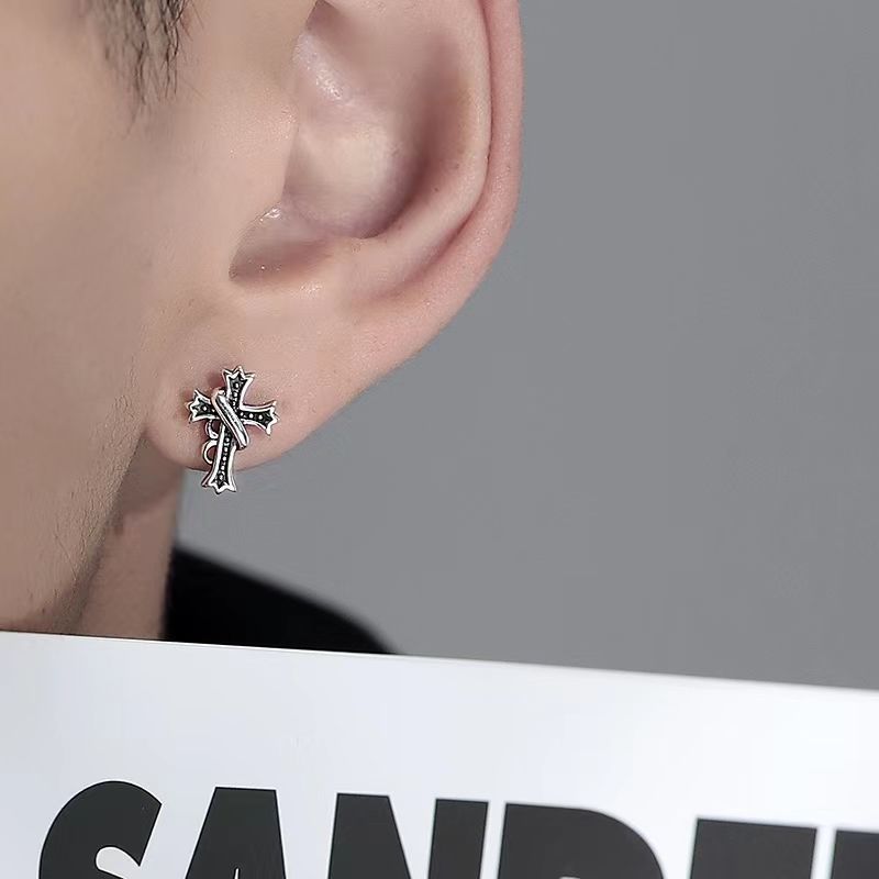 925 Silver Stud Earrings Men's Trendy Earrings Boys' Design Sense Niche Cross Trend Personality Single Cool Men's Earrings