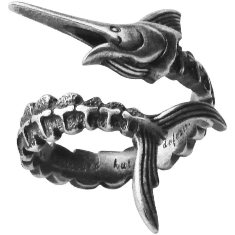 "The Old Man and the Sea" 925 sterling silver marlin bone open ring, men's trendy personality, simple retro Thai silver tail ring