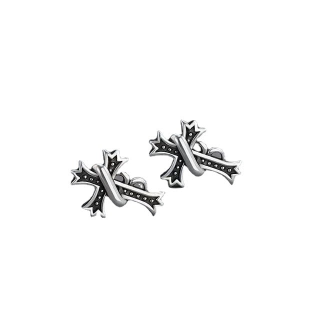 925 Silver Stud Earrings Men's Trendy Earrings Boys' Design Sense Niche Cross Trend Personality Single Cool Men's Earrings