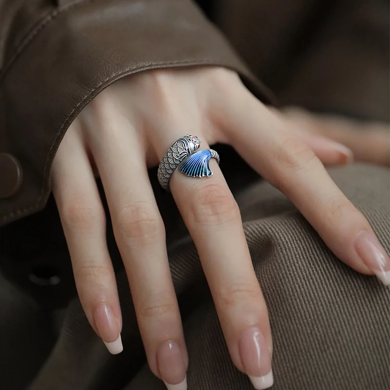 925 Silver Vintage New Chinese Big Fish & Begonia Good Luck Koi Ring Opening Adjusts Ethnic Style for a High-End Look
