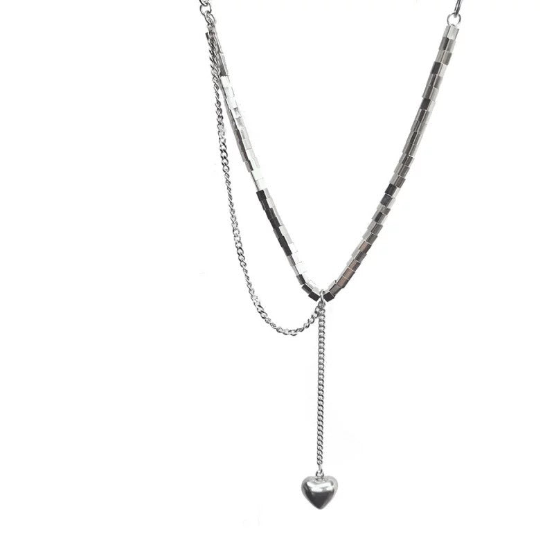 S925 sterling silver 3D square heart necklace for women, hip-hop cool style, versatile, niche design sweater chain