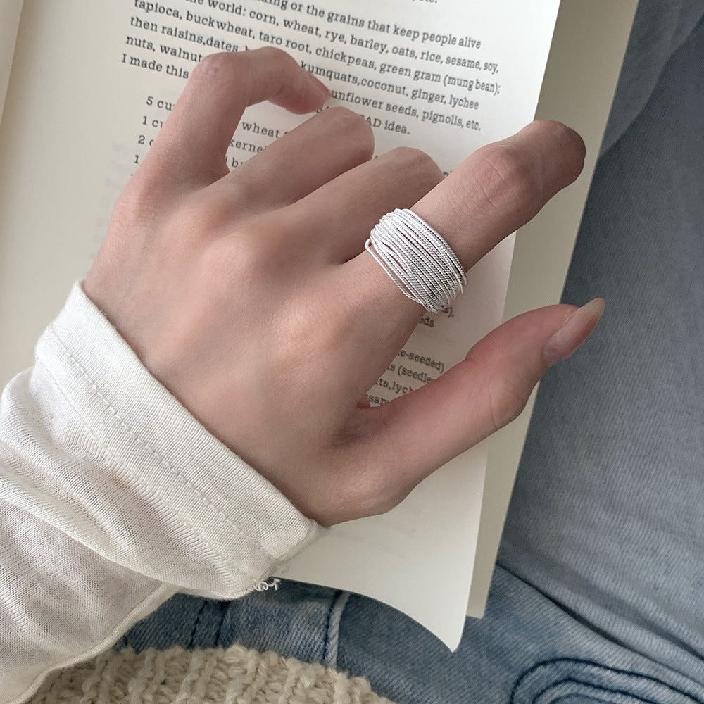 Korean version of jewelry all-over S925 sterling silver handmade geometric multi-layer line ring women's simple cold style index ring