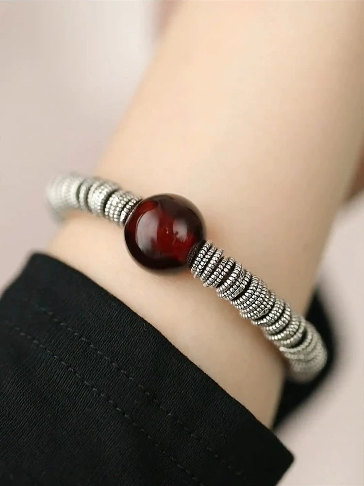 925 silver blood amber hoop bracelet women's ethnic style retro distressed six-character mantra niche design high-end sense bracelet