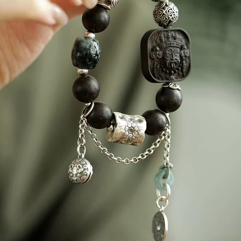 925 silver retro new Chinese mountain ghost brand ebony agarwood zakiram bungee rope bracelet high-end