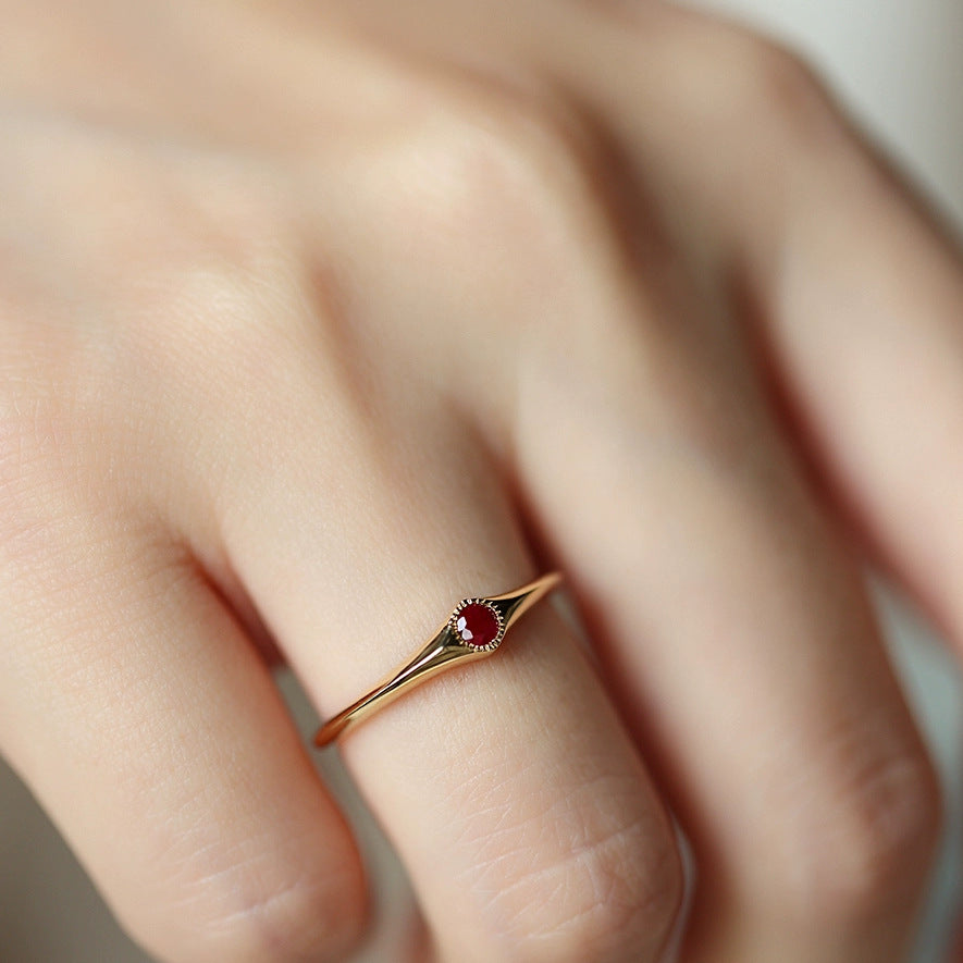 S925 Sterling Silver Gold Natural Imitation Ruby Ring Women's Design Gemstone Stacking Ring Retro Niche Daily Hundred