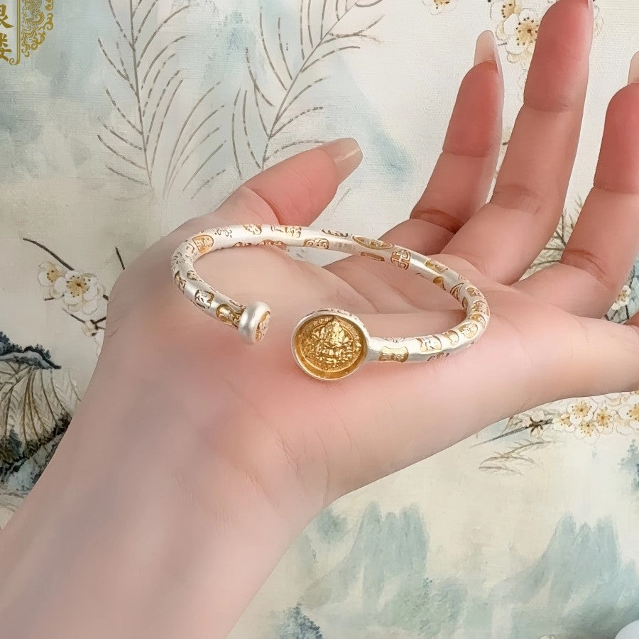 Pure silver 9999 gold yellow auspicious words new Chinese style open sterling silver bracelet for women