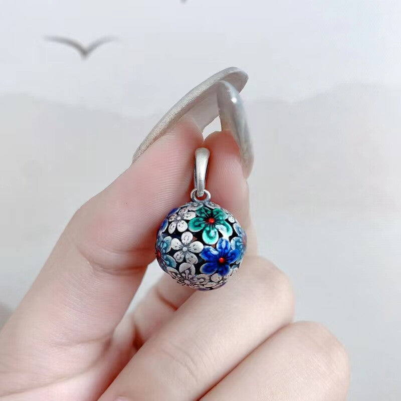 S925 Silver Round Cloisonné Hydrangea Necklace Women's Clavicle Chain National Style Pendant Ornament