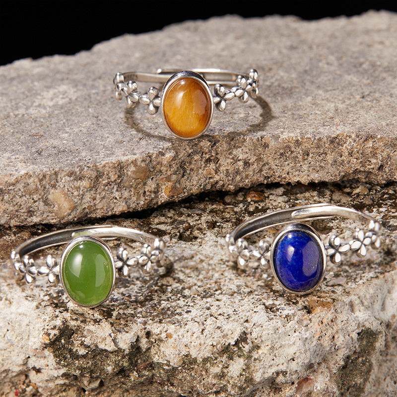 S925 pure silver natural lapis gold tiger's eye jade colored treasure Thai silver ring for women, trendy design Xiaohongshu Douyin bestseller
