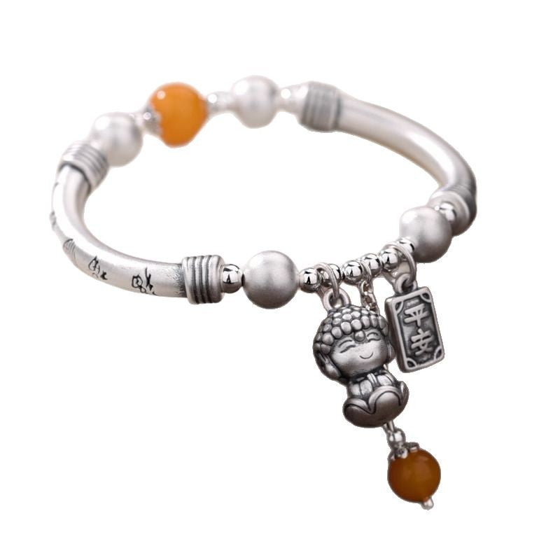 Niche Design S925 Pure Silver Peace Buddha Hand Bracelet Women's New Chinese Vintage Jewelry Elastic Bent Tube Bracelet
