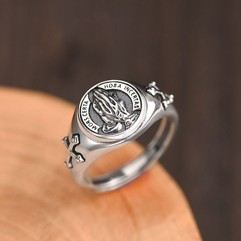 S925 Sterling Silver New Prayer Hand Ring Men's Trendy Personality Creative Retro Fashion Gift Boyfriend Open Ring