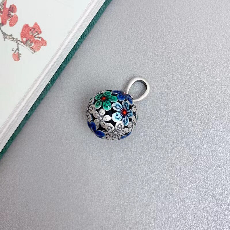 S925 Silver Round Cloisonné Hydrangea Necklace Women's Clavicle Chain National Style Pendant Ornament